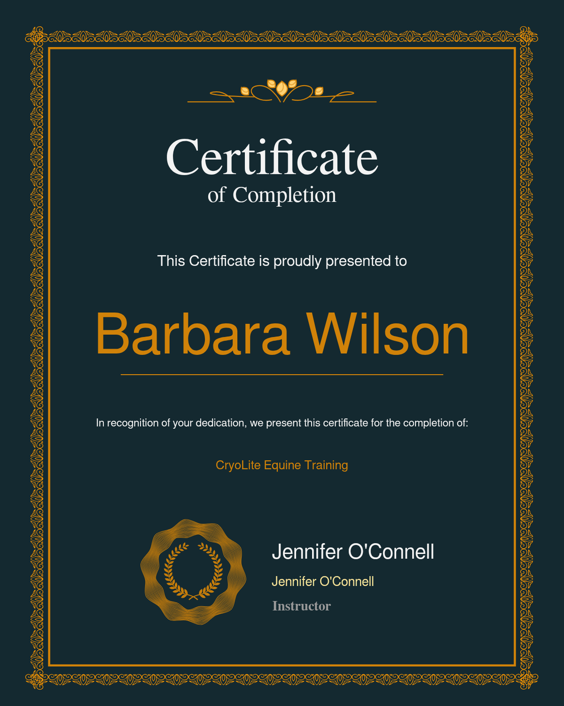 Certificate of completion for Barbara Wilson CryoLite Equine Training